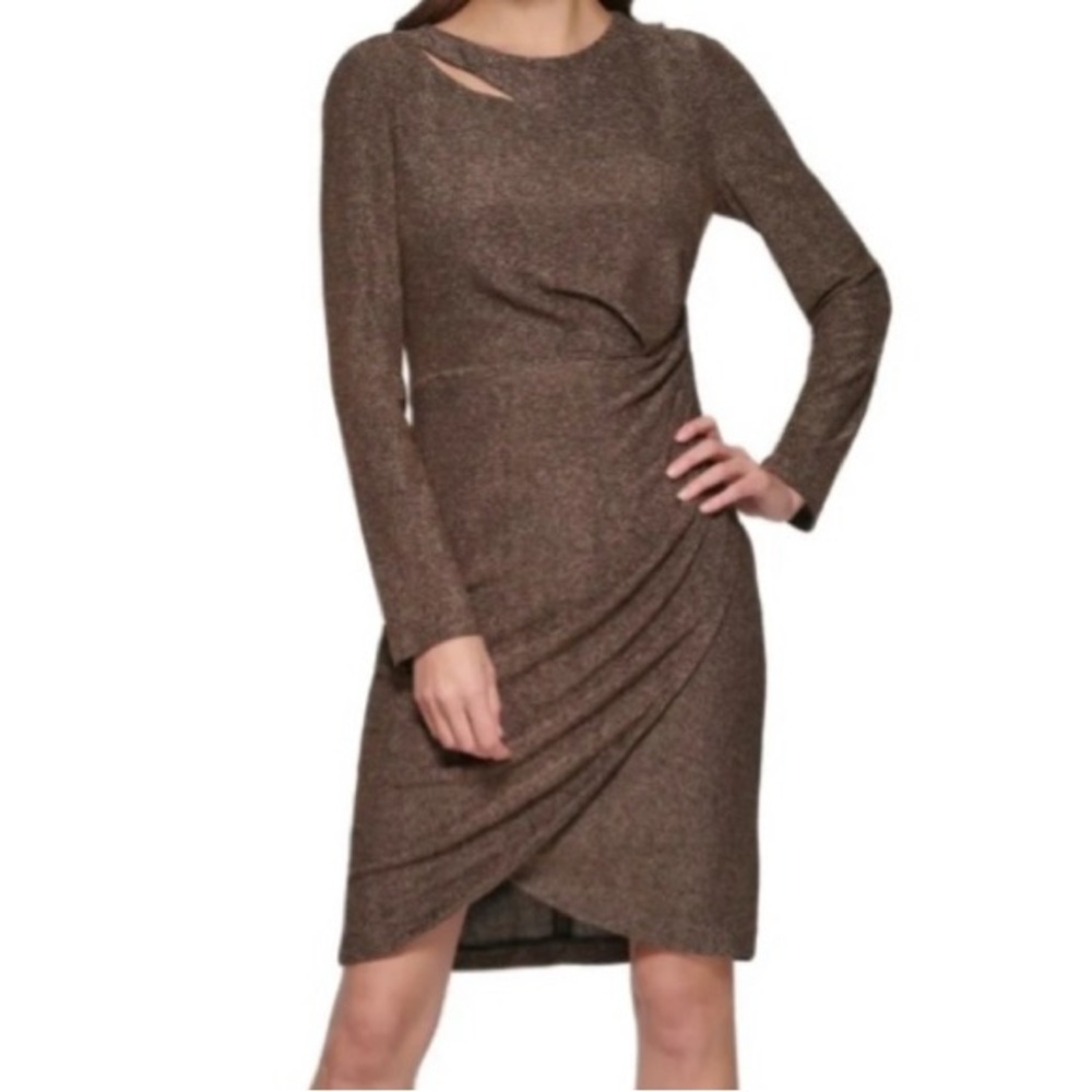 DKNY Dress Gold Black Ruched Stretch Metallic Long Sleeve Sheath Bodycon Size 10